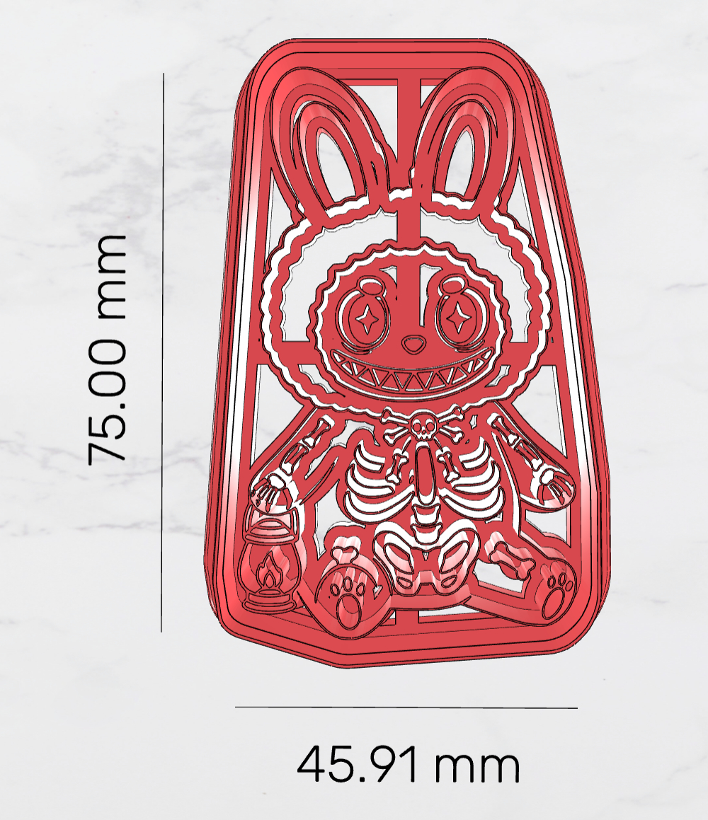 💀 Labubu Halloween Cookie Cutter – Sitting Labubu Dressed as Skeleton with Lantern 🎃