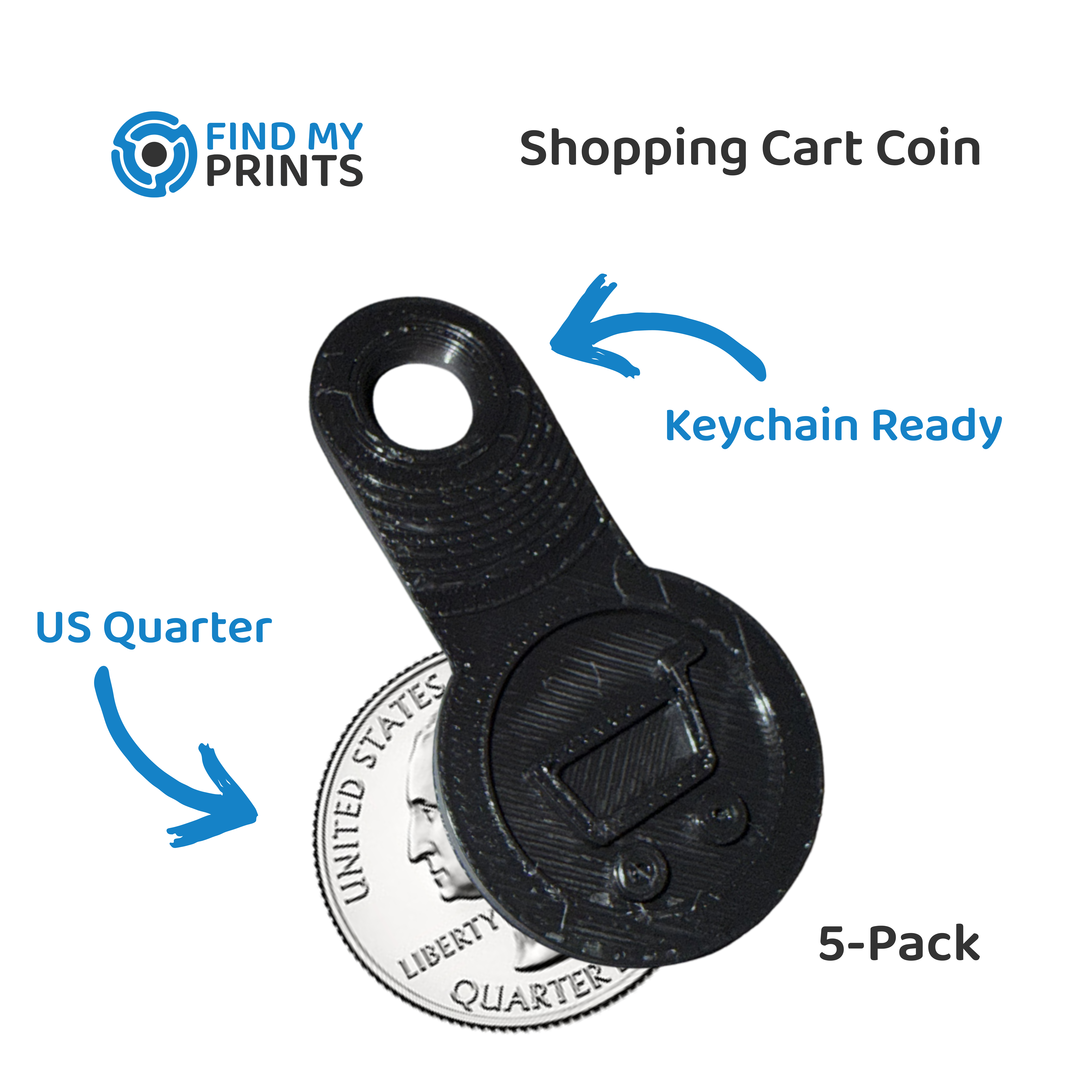 Shopping Cart Coin — 5 Pack — Keychain Quarter Token for Coin-Lock Carts